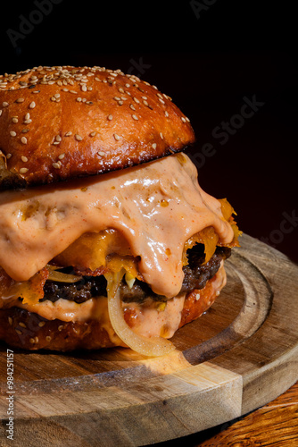 A close-up of a juicy cheeseburger with melted cheese and special sauce, perfect for fast food cravings or July 4th celebrations photo