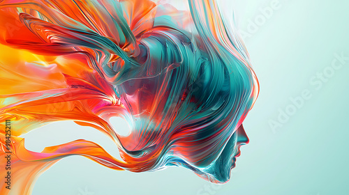 A vibrant 3D abstract shape that resembles flowing figure, showcasing dynamic colors of orange and teal. fluid motion evokes sense of creativity and energy. 