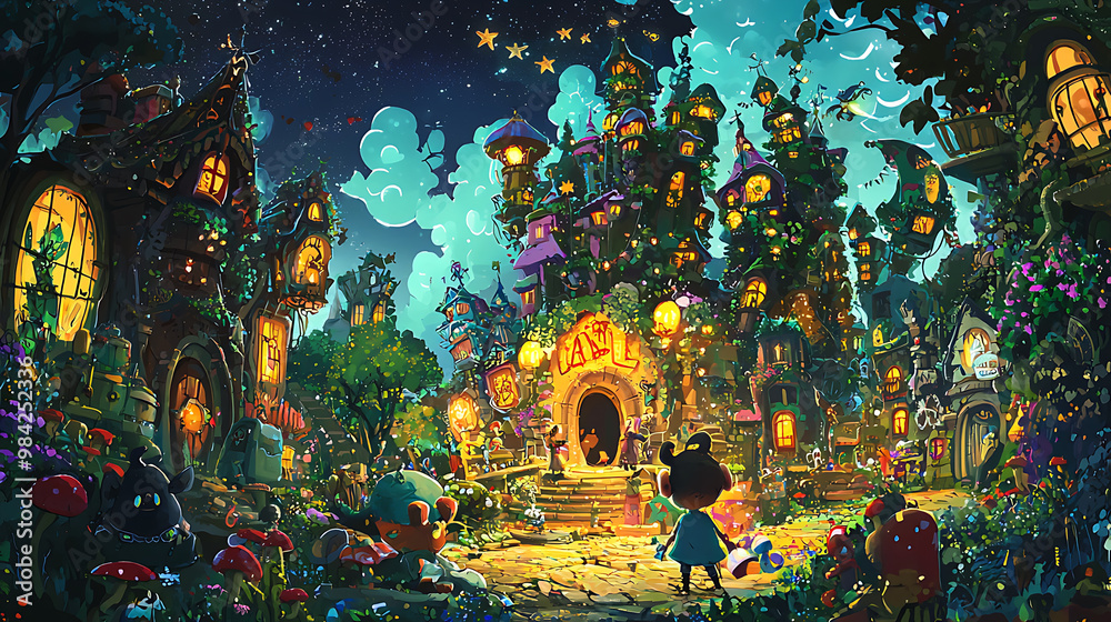 Fototapeta premium A whimsical cartoon adventure scene featuring vibrant village filled with colorful houses, glowing lights, and enchanting flora. night sky sparkles with stars, creating magical atmosphere.