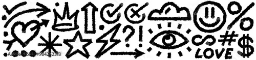 Naive geometric shapes, lines, forms set hand drawn grunge style brush strokes, bold curved crown, star, arrow vector 10 eps