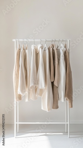 Beige and white fashion Clothes on a clothing hanger,knitwear and hoodies on hangers,Minimal fashion clothes on a rack,Fashion blog, website, social media,store in shopping mall,sale online.