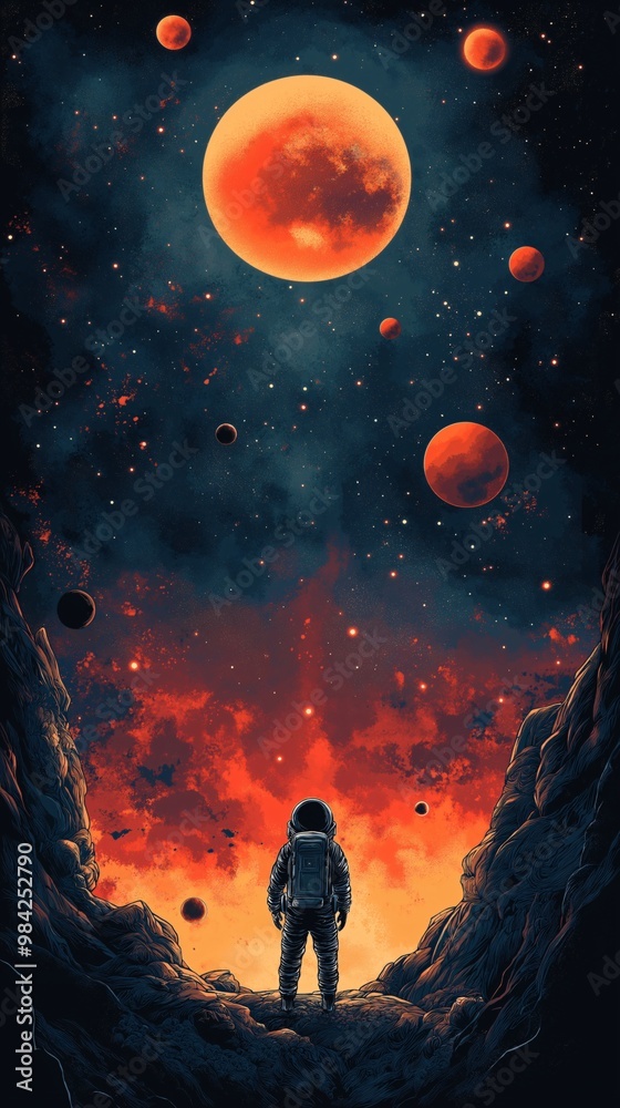 Fototapeta premium Illustration of a Silhouette of an Astronaut Landing on the Moon, Gazing at Other Planets with a Blue and Red Color Palette, Mobile Phone Wallpapers