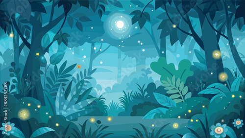 Enchanted forest with glowing fireflies under moonlight in a magical nightscape