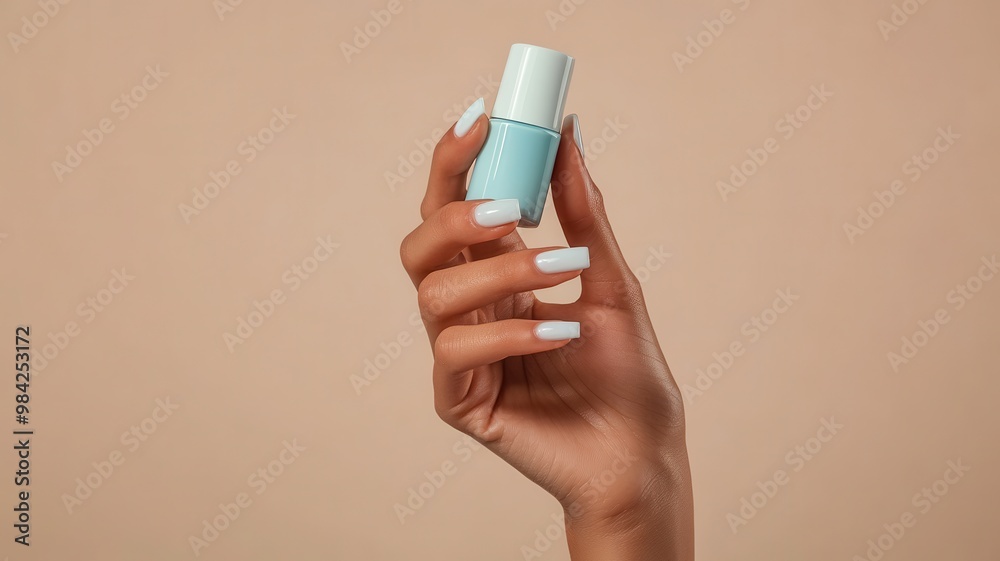 Young Woman hands hold blue nail polish bottle on beige studio background,blue nail polish manicure,beauty,fashion concept.Copy space. Young Woman hands hold blue nail polish bottle on beige studio background,blue nail polish manicure,beauty,fashion concept.Copy space.