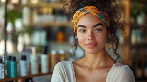 Young Woman with Curly Hair and Headband Smiling