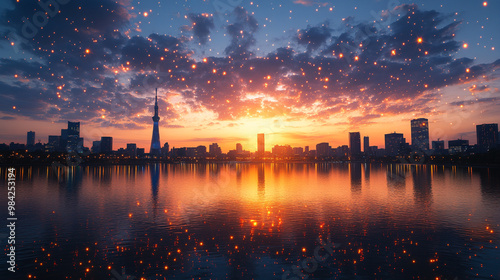 Vibrant skyline at sunset reflecting on still water, with clouds and city lights creating a magical atmosphere.