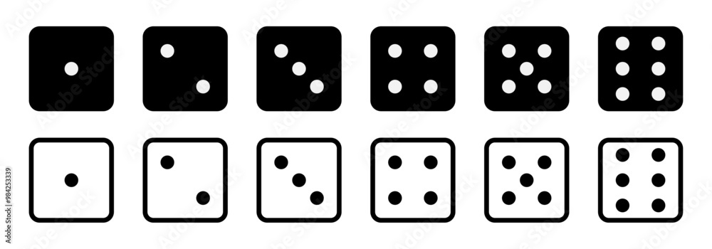 Set of game dice vector icon. game sign. Dice game vector icon set in black and white color isolated on white background. Dice in a flat and linear design from one to six. Vector illustration. Set of game dice vector icon. game sign. Dice game vector icon set in black and white color isolated on white background. Dice in a flat and linear design from one to six. Vector illustration.