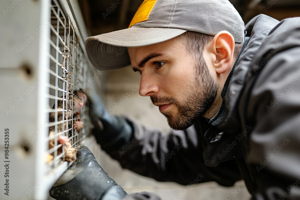 A pest expert traps a rat in a black cage. Pest prevention. A pest expert traps a rat in a black cage. Pest prevention.
