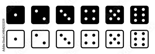 Set of game dice vector icon. game sign. Dice game vector icon set in black and white color isolated on white background. Dice in a flat and linear design from one to six. Vector illustration.