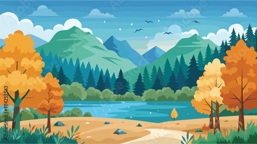 Illustrated autumn landscape with mountains, lake, and colorful trees