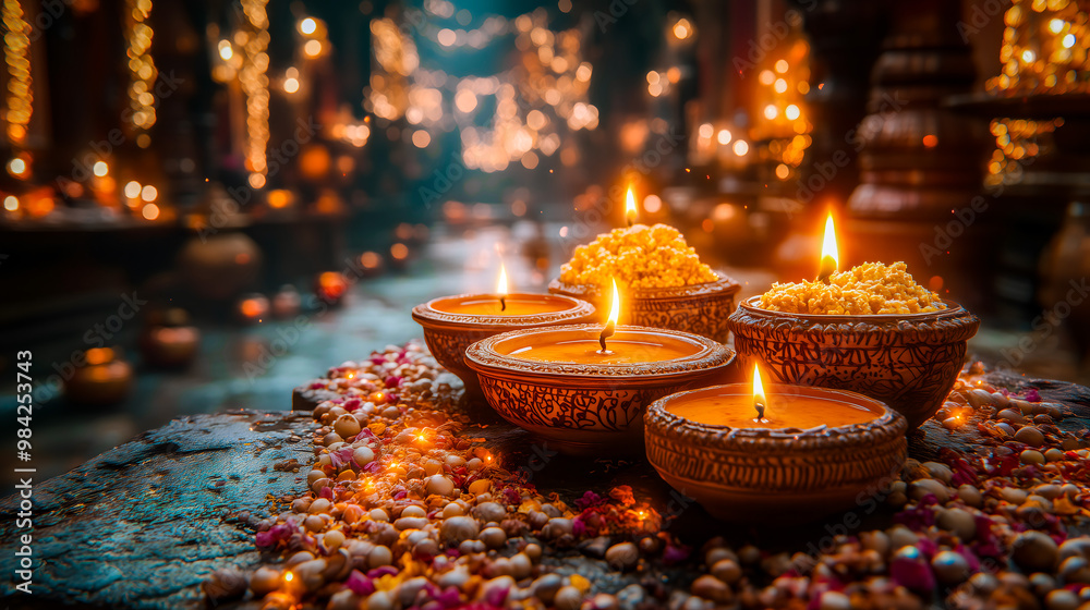 Obraz premium Diwali oil lamps glowing in dark, festive ambiance, with copy space