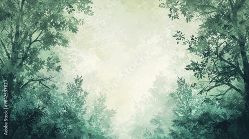 Hand Painted Lush Green Forest Landscape with Vibrant Foliage and Ethereal Atmosphere