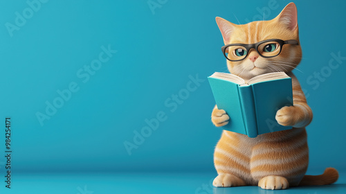 Representación en 3D de un simpático gato con gafas leyendo un libro sobre un fondo azul. El diseño es simple y minimalista, centrándose en el simpático personaje con amplio espacio para texto. photo