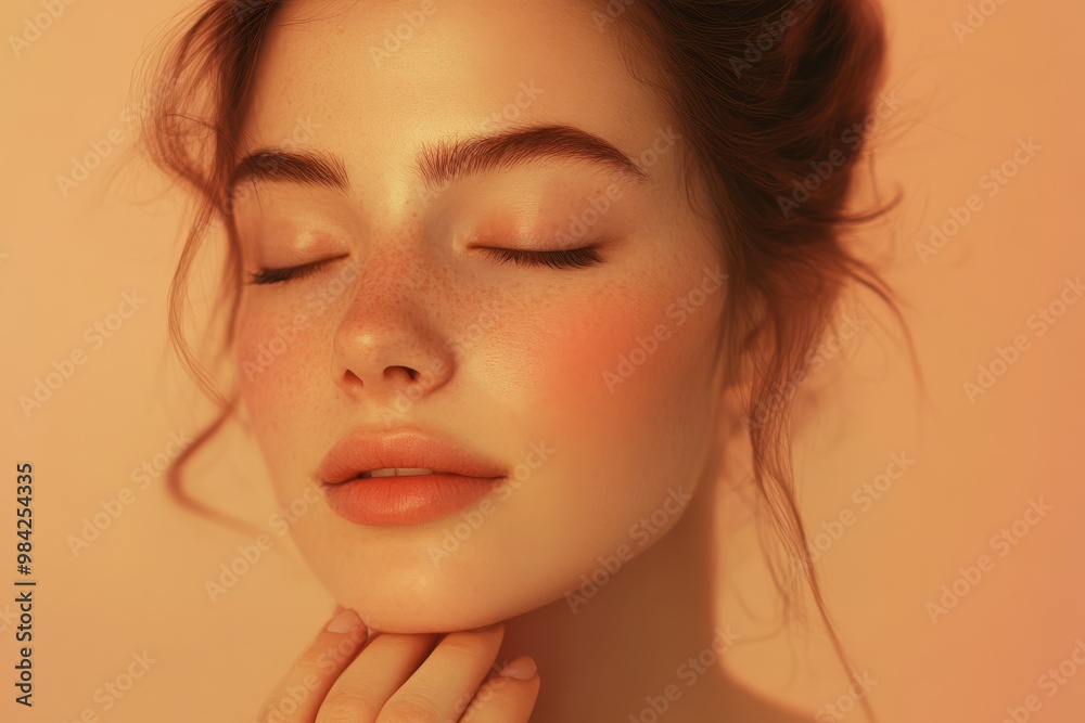 A serene woman with her eyes closed and gently cradling her chin with her fingertips A serene woman with her eyes closed and gently cradling her chin with her fingertips