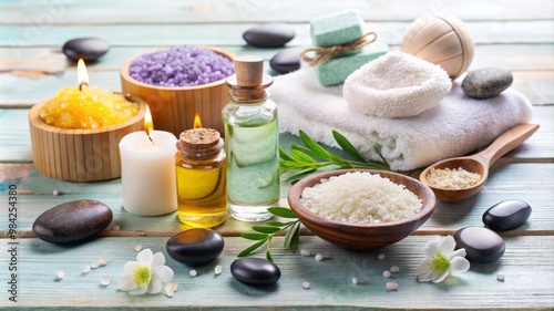 Beauty Treatment Items for Spa Procedures: Massage Stones, Essential Oils, and Sea Salt on White Wooden Table