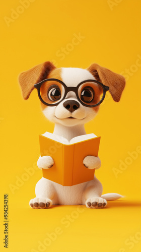 Representación en 3D de un simpático perro con gafas leyendo un libro sobre un fondo amarillo. El diseño es simple y minimalista, centrándose en el simpático personaje con amplio espacio para texto. photo