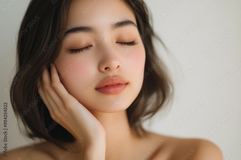 A serene woman with her hair neatly styled and her hand softly resting against her cheek A serene woman with her hair neatly styled and her hand softly resting against her cheek