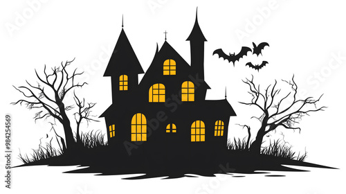 Halloween haunted house clip art, simple silhouette of black with yellow color