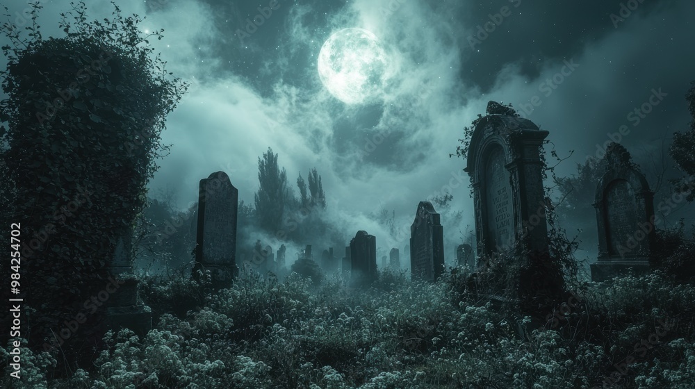 An old, abandoned graveyard filled with ancient, cracked tombstones under a moonlit sky An old, abandoned graveyard filled with ancient, cracked tombstones under a moonlit sky