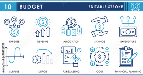 A set of line icons related to Budget. Revenue, allocate, finance, economics, saving, expense, and so on. Vector editable stroke.