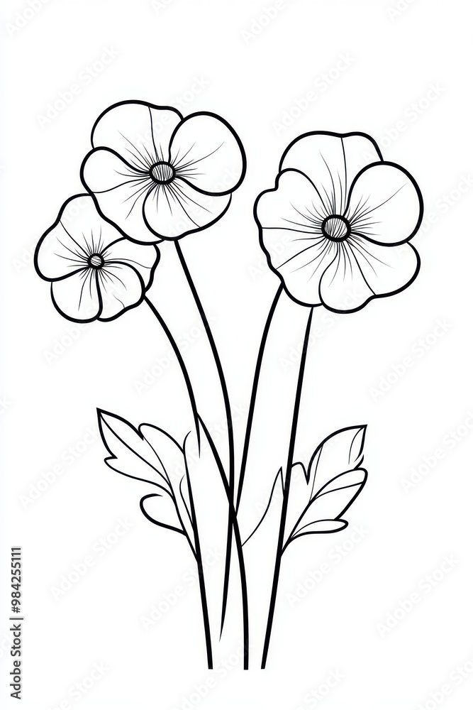 A simple black-and-white illustration of three large flowers with rounded petals