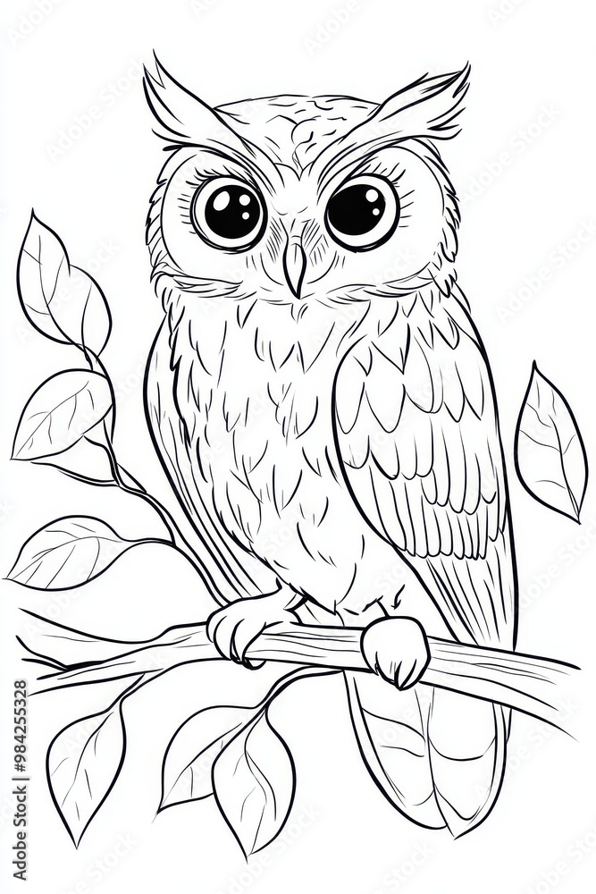 A simple black-outlined owl perched on a branch surrounded by a few leaves A simple black-outlined owl perched on a branch surrounded by a few leaves
