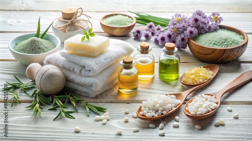 Beauty Treatment Items for Spa Procedures: Massage Stones, Essential Oils, and Sea Salt on White Wooden Table