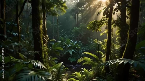 Sun rays shining through green forest 