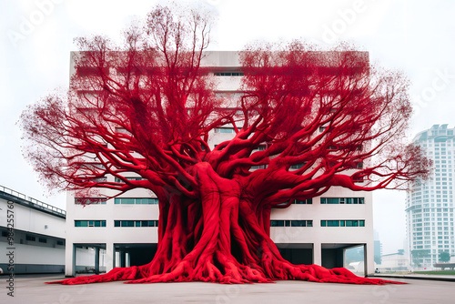 Grand arbre rouge tortueux au milieu des immeubles dans la vile photo