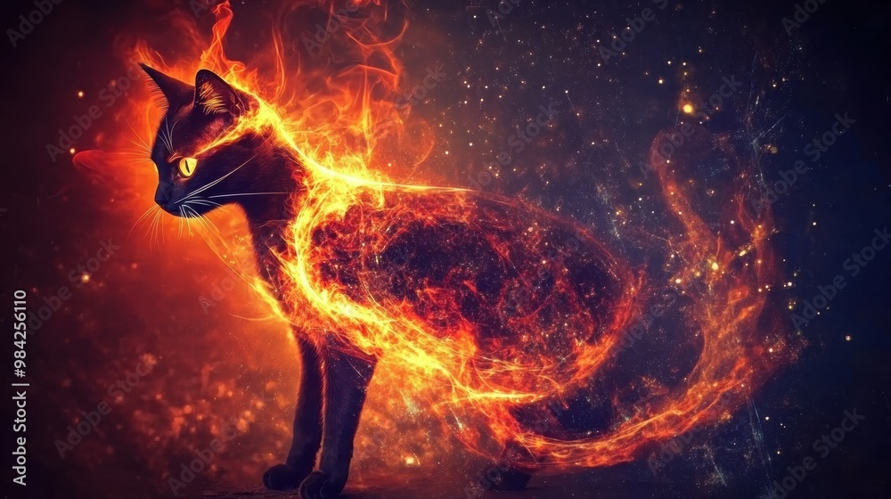 Fiery Cat Illustration with Flames and Sparks, Creating a Mystical and Powerful Fantasy Scene Fiery Cat Illustration with Flames and Sparks, Creating a Mystical and Powerful Fantasy Scene