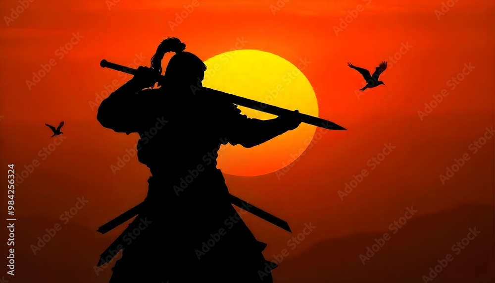 A silhouette of a warrior wielding a sword against an orange sunset sky with birds flying in the background