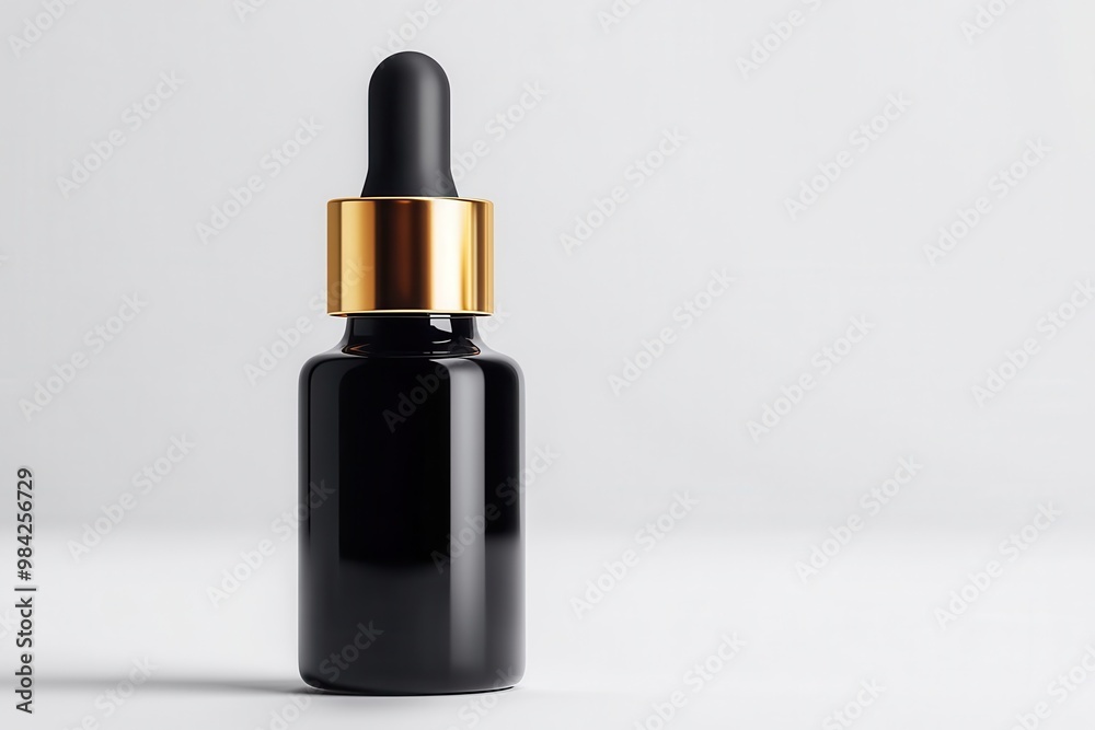 Black Glass Dropper Bottle with Gold Cap Beauty Product Mockup Black Glass Dropper Bottle with Gold Cap Beauty Product Mockup