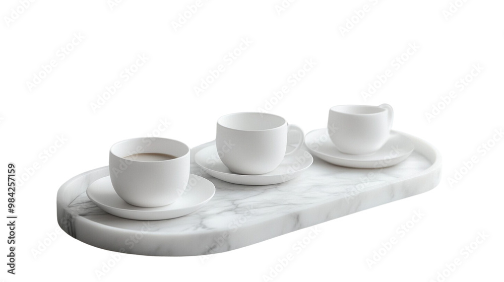Three white cups and saucers on a marble tray Three white cups and saucers on a marble tray