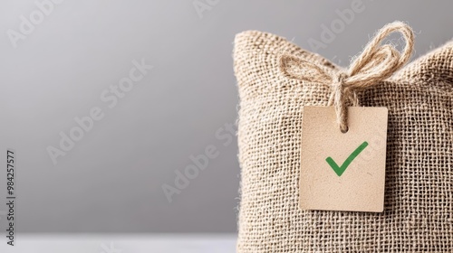 Zoomed-in shot of a natural fabric with a visible tag and green checkmark, conveying ethical and environmentally friendly clothing