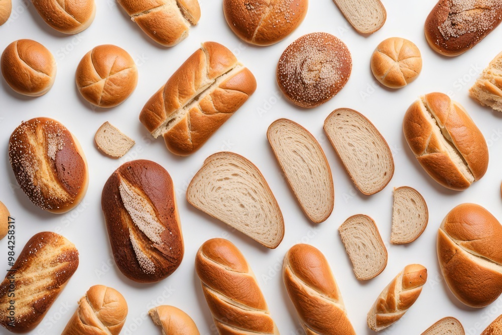 An overhead shot showcases a delightful array of freshly baked bread, rolls, and loaves, meticulously arranged for a mouthwatering display. The variety of shapes, sizes. An overhead shot showcases a delightful array of freshly baked bread, rolls, and loaves, meticulously arranged for a mouthwatering display. The variety of shapes, sizes.