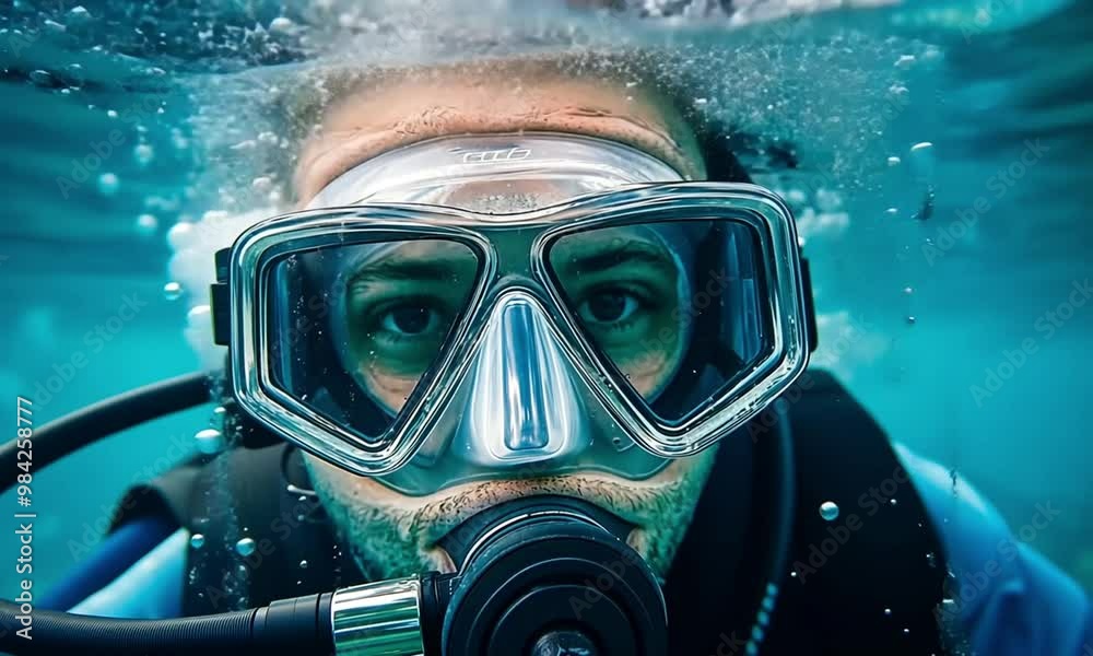 A diver wearing a mask and snorkel underwater, surrounded by bubbles. A diver wearing a mask and snorkel underwater, surrounded by bubbles.