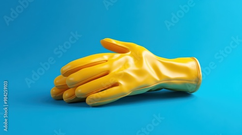 A yellow rubber glove lies on a blue background, with its fingers curled in, creating a handshake gesture.
