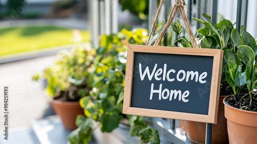 Cozy porch with framed Welcome Home sign surrounded by lush green plants, creating warm and inviting atmosphere photo