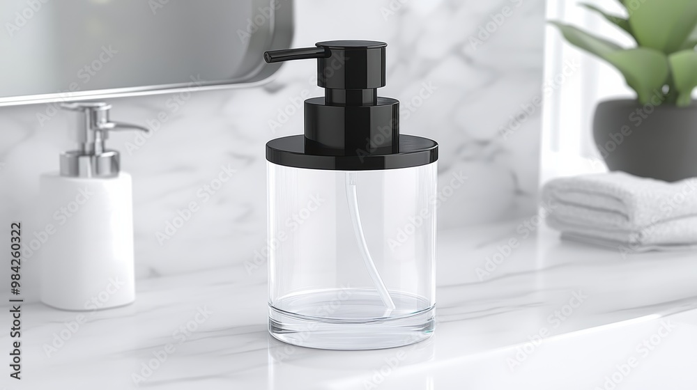A modern, transparent glass soap dispenser with a black pump, illuminated by natural light in a minimalistic bathroom with floral accents, radiating elegance and simplicity A modern, transparent glass soap dispenser with a black pump, illuminated by natural light in a minimalistic bathroom with floral accents, radiating elegance and simplicity