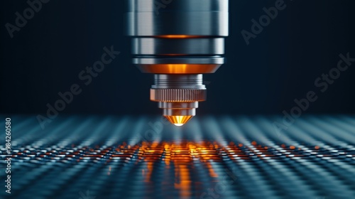 A close-up of a laser tool emitting light onto a metallic surface, highlighting precision in technology and manufacturing, Business idea concept.