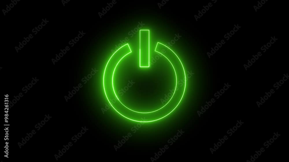 Glowing neon green colour power button icon animation on black background.