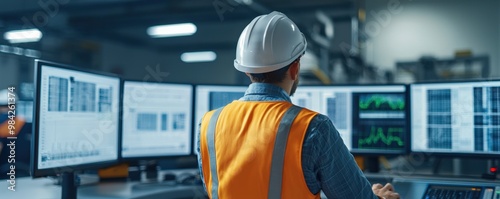 A worker in a hard hat and safety vest monitors multiple screens displaying data and analytics in an industrial control room, Business idea concept.