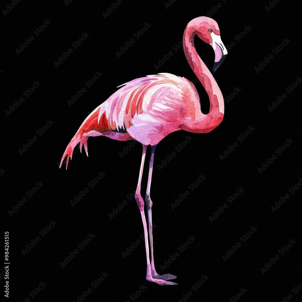 Fototapeta premium Pink Flamingo with Curved Neck and Long Legs Against Black Background