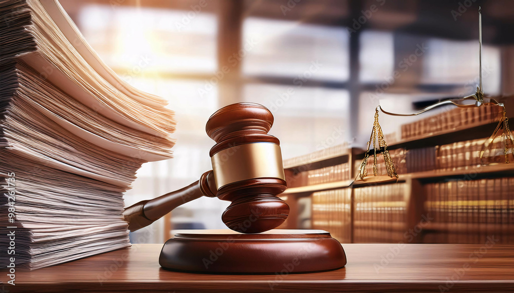 Piles Judicial Court Files And Judge Gavel, Gavel and Books, Gavel hammer on stack of document libra scale as background Piles Judicial Court Files And Judge Gavel, Gavel and Books, Gavel hammer on stack of document libra scale as background