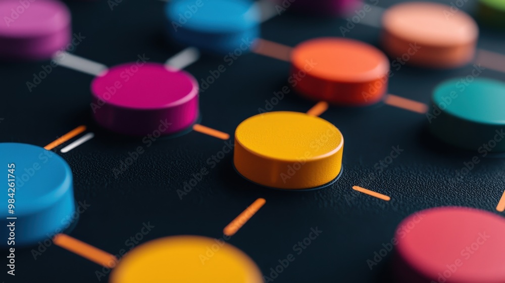 Fototapeta premium Colorful circular tokens arranged on a board, featuring various hues against a dark background, creating a visually stimulating pattern, Business idea concept.