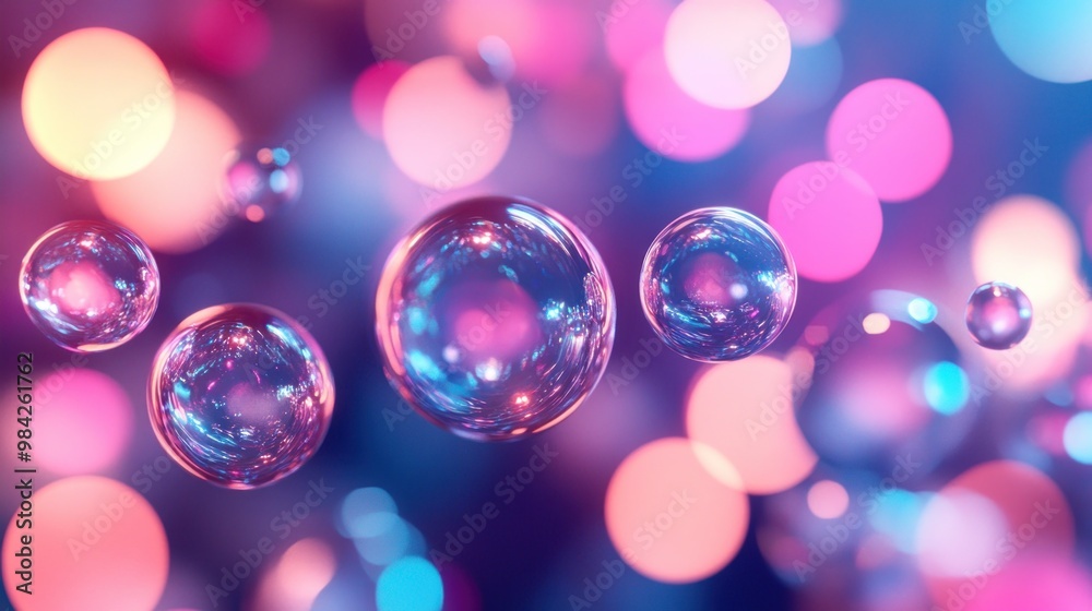Abstract background with iridescent spheres and blurred colorful lights. Abstract background with iridescent spheres and blurred colorful lights.