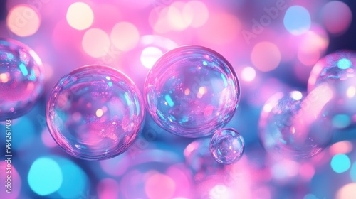 Abstract background with colorful glowing spheres and bokeh effect.