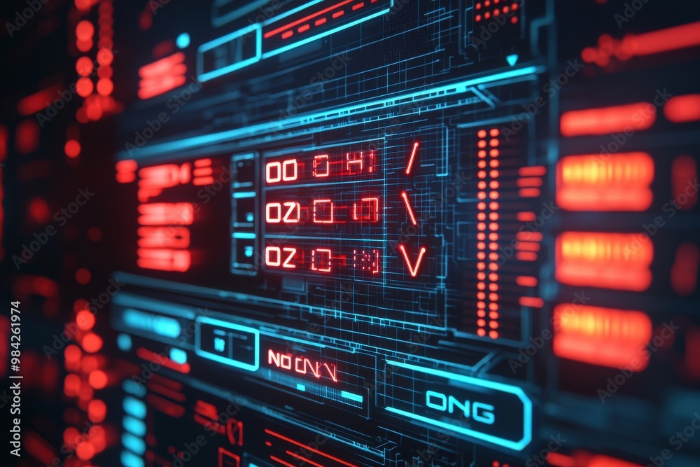 A futuristic interface featuring glowing blue and red panels, displaying digital data and patterns, reminiscent of advanced technology and data visualization, Business idea concept. A futuristic interface featuring glowing blue and red panels, displaying digital data and patterns, reminiscent of advanced technology and data visualization, Business idea concept.