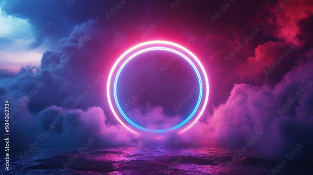 A glowing neon ring surrounded by clouds and water, creating a mystical and futuristic scene.