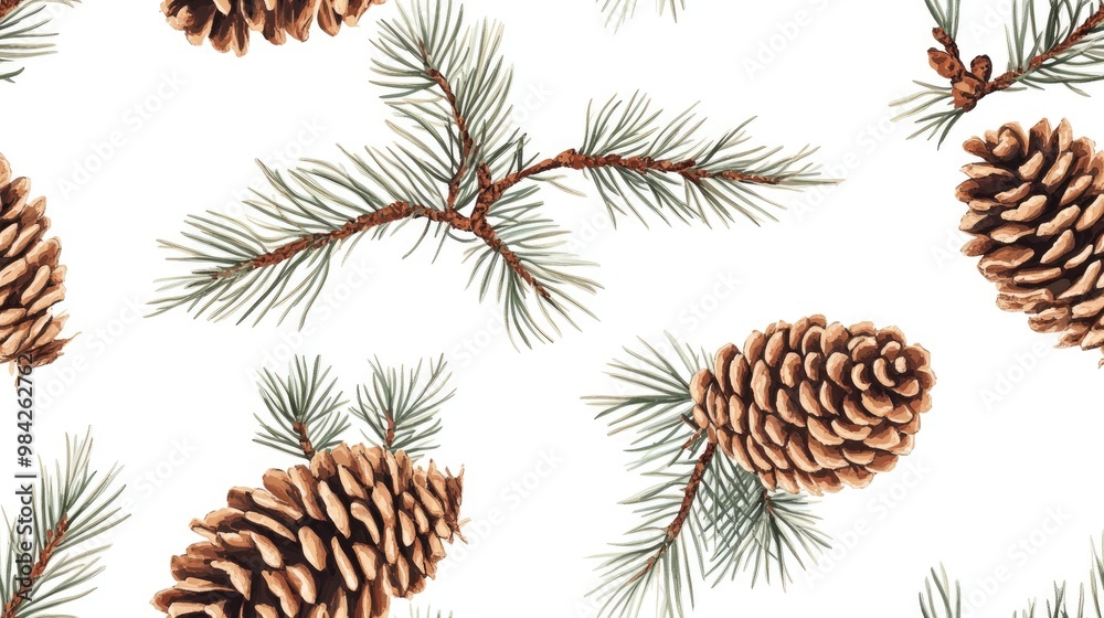 Seamless pattern featuring pine tree branches adorned with cones against a white background in a geometric design Seamless pattern featuring pine tree branches adorned with cones against a white background in a geometric design